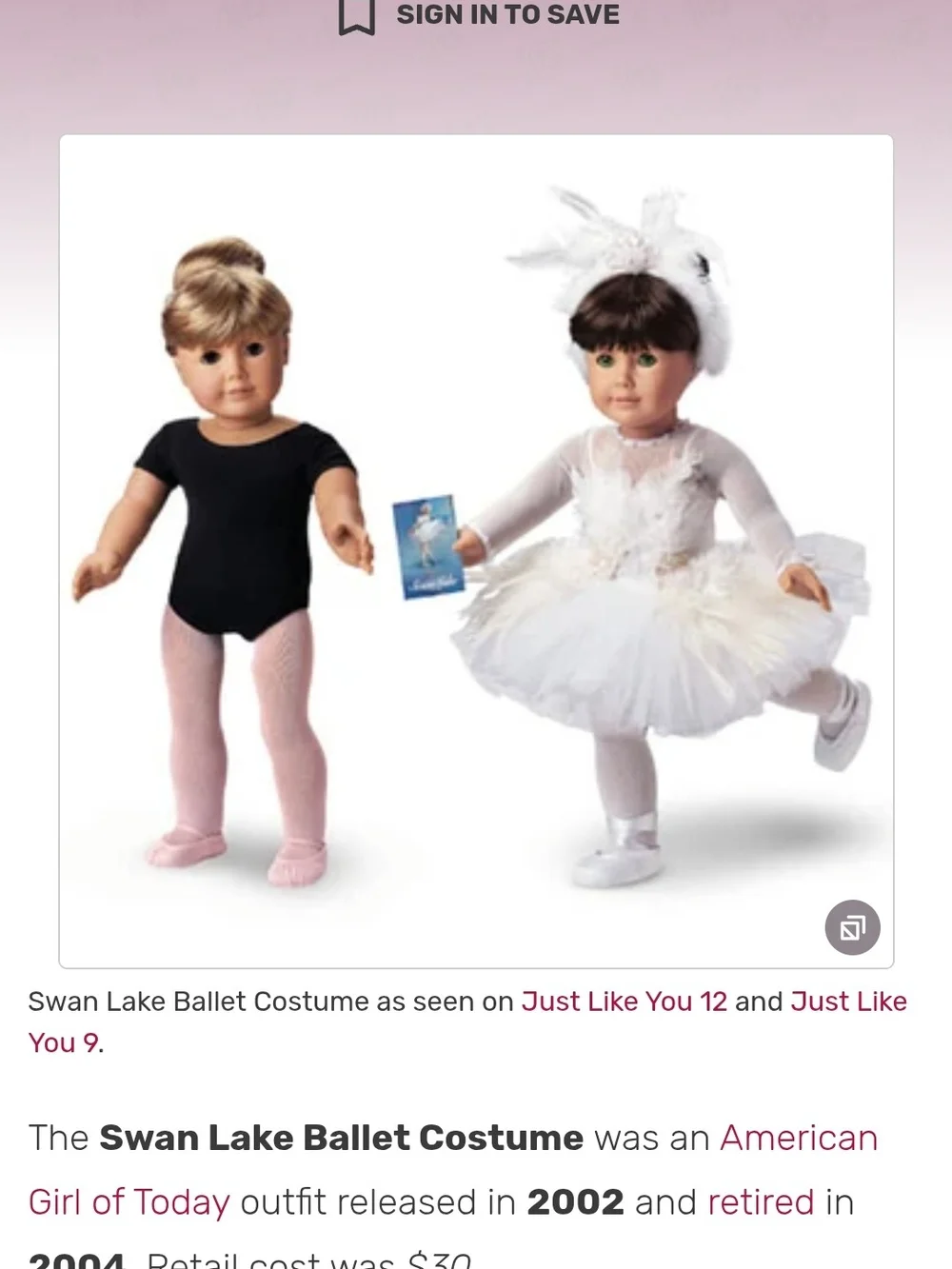 American Girl White Swan Lake Retired Costume